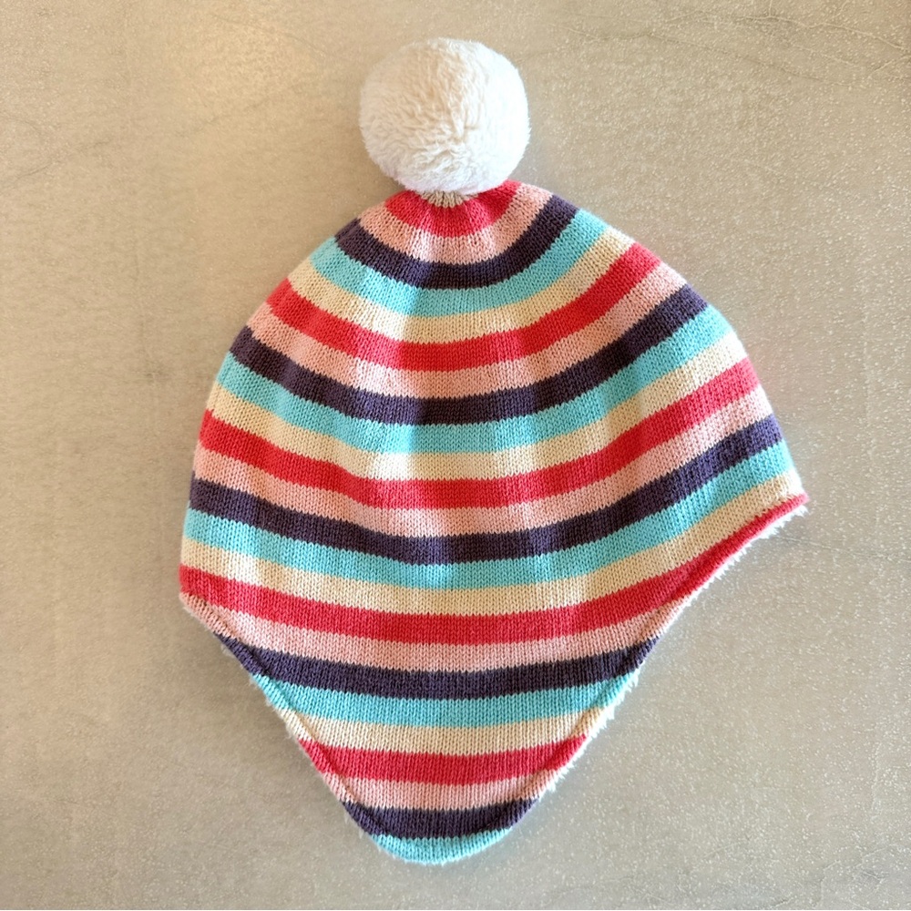 Hanna Andersson Striped Sherpa Lined Pom Beanie Pink Blue Girls Size S - Picture 2 of 5